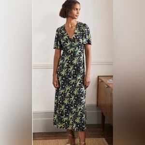 Boden Black Green Leaf & Bird Botanical Print Jersey Maxi Dress Size 10